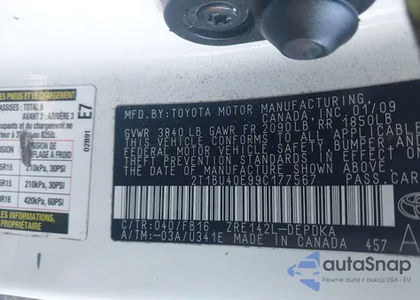 2009 Toyota Corolla Le из США, поврежденный, VIN 2T1BU40E99C177567